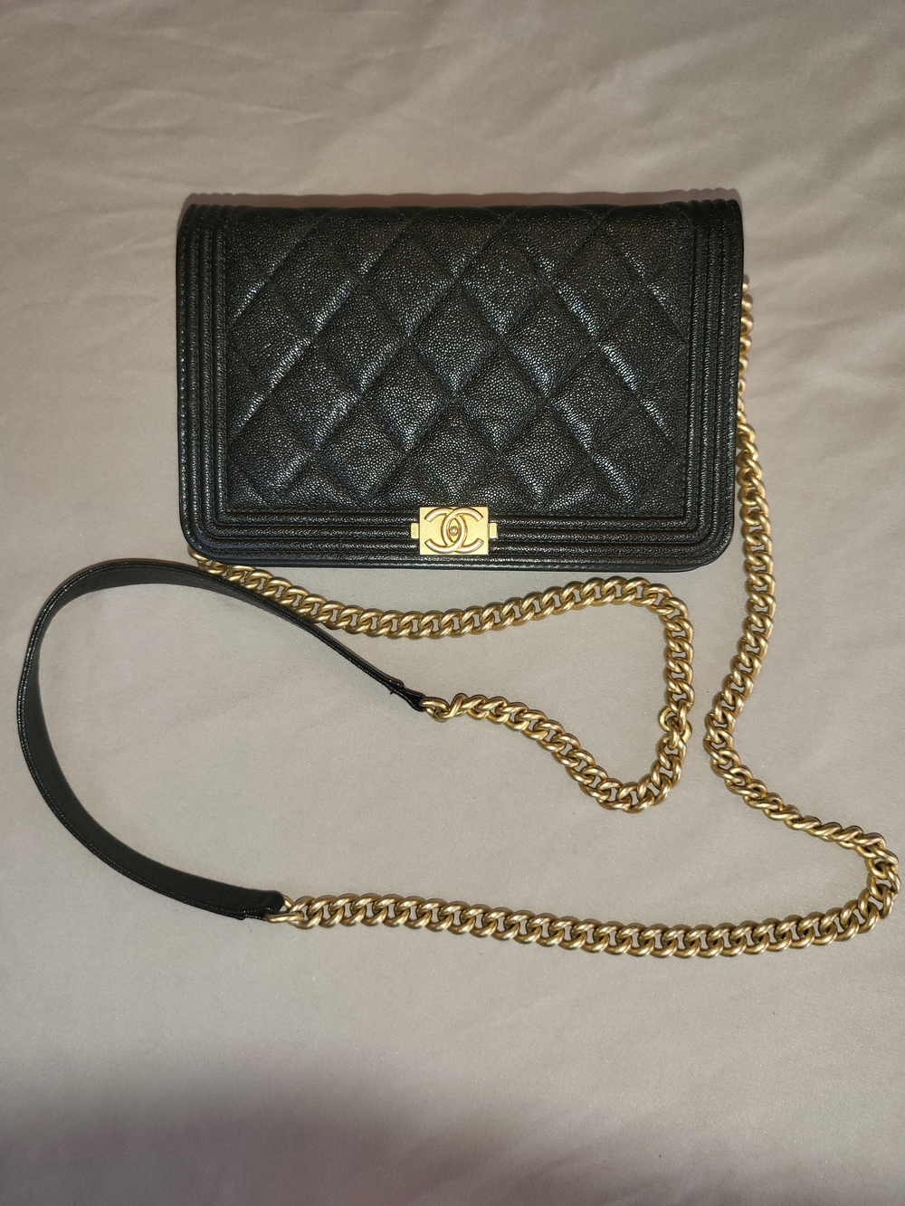 Authentic mini Chanel Boy Bag black caviar—excellent condition